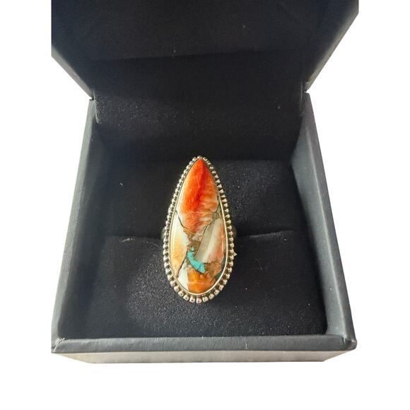 925 Sterling Silver Orange & Blue Turquoise Ring – Size 7 – Teardrop Jewelry - Picture 1 of 3